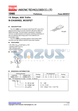 15N60L-T47-T datasheet - 15 Amps, 600 Volts N-CHANNEL MOSFET