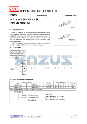 15N65G-T47-T datasheet - 15A, 650V N-CHANNEL POWER MOSFET