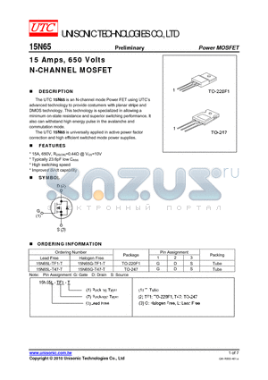 15N65G-TF1-T datasheet - 15 Amps, 650 Volts N-CHANNEL MOSFET