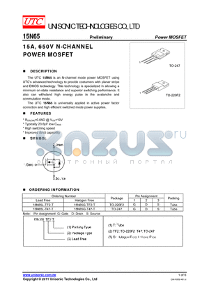 15N65L-TF2-T datasheet - 15A, 650V N-CHANNEL POWER MOSFET