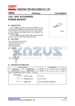15N70L-T3P-T datasheet - 15A, 700V N-CHANNEL POWER MOSFET