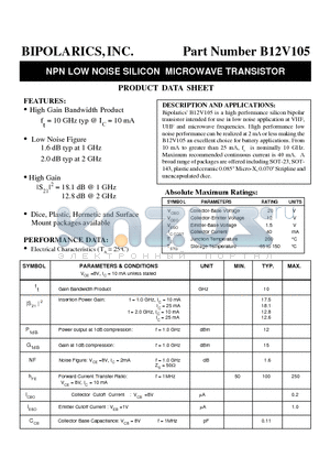 B12V10502 datasheet - NPN LOW NOISE SILICON MICROWAVE TRANSISTOR