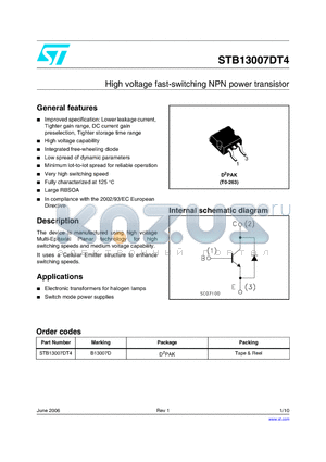 B13007D datasheet - High voltage fast-switching NPN power transistor