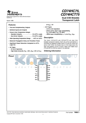 CD74HCT75 datasheet - Dual 2-Bit Bistable Transparent Latch