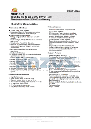 EN29PL032A datasheet - 32 Mbit (2 M x 16-Bit) CMOS 3.0 Volt- only, Simultaneous-Read/Write Flash Memory