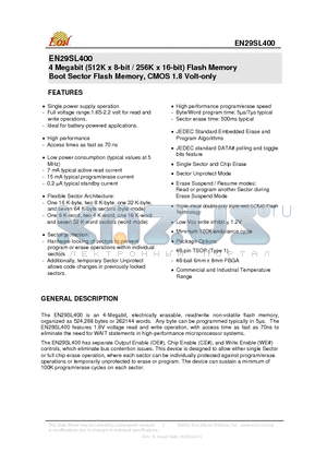 EN29SL400B-70BI datasheet - 4 Megabit (512K x 8-bit / 256K x 16-bit) Flash Memory Boot Sector Flash Memory, CMOS 1.8 Volt-only