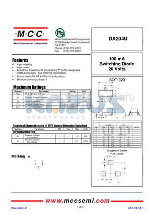 DA204U datasheet - 100 mA Switching Diode 20 Volts