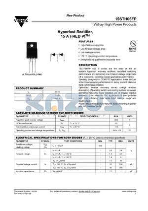 15STH06FP datasheet - Hyperfast Rectifier, 15 A FRED PtTM