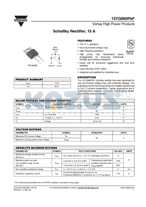 15TQ060PBF datasheet - Schottky Rectifier, 15 A