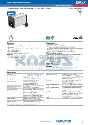 DA22.1111.11 datasheet - IEC Appliance Inlet C14 with Filter, Fuseholder 1- or 2-pole, for PCB Mounting