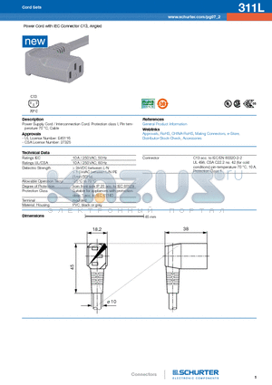 311L datasheet - Power Cord with IEC Connector C13, Angled
