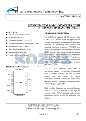 AAT1102_5 datasheet - ADVANCED PWM DC-DC CONVERTER WITH INTERNAL SWITCH AND SOFT-START