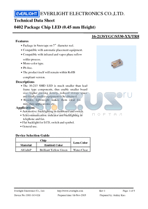 16-213SYGC/S530-XX/TR8 datasheet - Chip LED (0.45 mm Height)