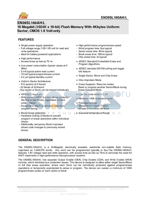 EN39SL160AH datasheet - 16 Megabit (1024K x 16-bit) Flash Memory With 4Kbytes Uniform Sector, CMOS 1.8 Volt-only