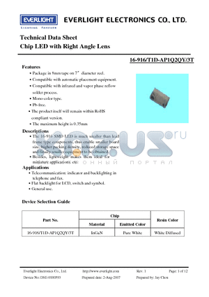 16-916-T1D-AP1Q2QY-3T datasheet - Chip LED with Right Angle Lens