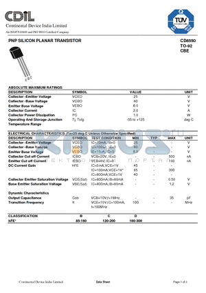 CD8550 datasheet - PNP SILICON PLANAR TRANSISTOR