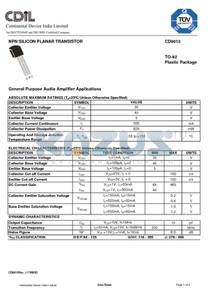 CD9013D datasheet - NPN SILICON PLANAR TRANSISTOR