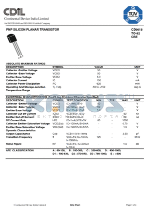 CD9015 datasheet - PNP SILICON PLANAR TRANSISTOR
