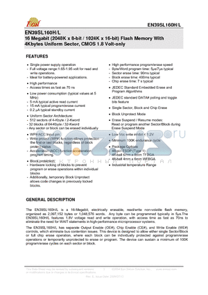 EN39SL160H-70NIP datasheet - 16 Megabit (2048K x 8-bit / 1024K x 16-bit) Flash Memory With 4Kbytes Uniform Sector, CMOS 1.8 Volt-only