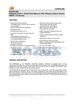 EN39SL800-70BIP datasheet - 8 Megabit (512K x 16-bit) Flash Memory With 4Kbytes Uniform Sector, CMOS 1.8 Volt-only