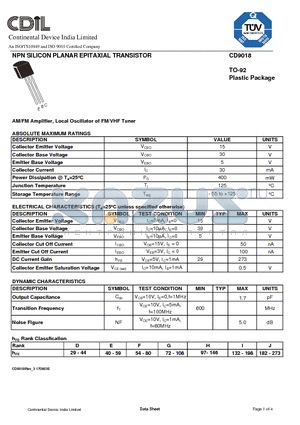 CD9018F datasheet - NPN SILICON PLANAR EPITAXIAL TRANSISTOR