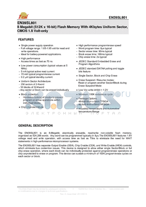 EN39SL801 datasheet - 8 Megabit (512K x 16-bit) Flash Memory With 4Kbytes Uniform Sector, CMOS 1.8 Volt-only