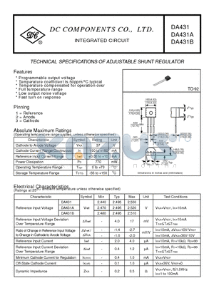 DA431 datasheet - TECHNICAL SPECIFICATIONS OF ADJUSTABLE SHUNT REGULATOR