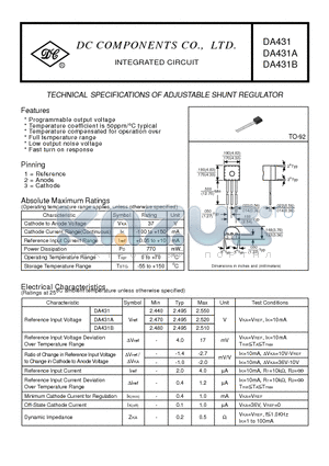 DA431B datasheet - TECHNICAL SPECIFICATIONS OF ADJUSTABLE SHUNT REGULATOR