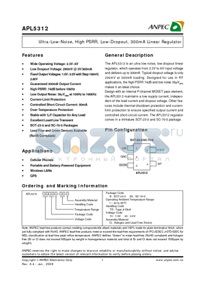 APL5312 datasheet - Ultra-Low-Noise, High PSRR, Low-Dropout, 300mA Linear Regulator