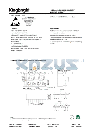 DA56-51PBWA/A datasheet - 14.22mm (0.56INCH) DUAL DIGIT NUMERIC DISPLAY