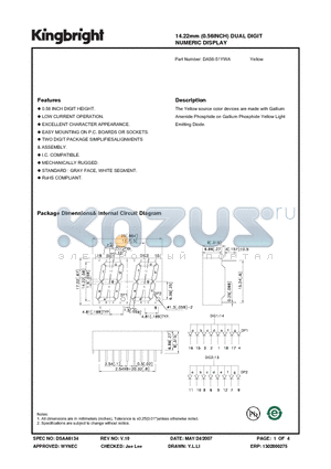 DA56-51YWA datasheet - 14.22mm (0.56INCH) DUAL DIGIT NUMERIC DISPLAY