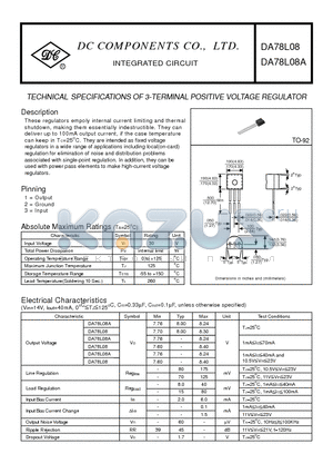 DA78L08 datasheet - TECHNICAL SPECIFICATIONS OF 3-TERMINAL POSITIVE VOLTAGE REGULATOR