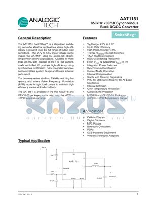 AAT1151 datasheet - 850kHz 700mA Synchronous Buck DC/DC Converter