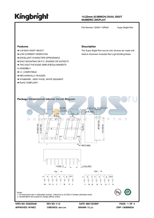 DA56-11SRWA datasheet - 14.22mm (0.56INCH) DUAL DIGIT NUMERIC DISPLAY