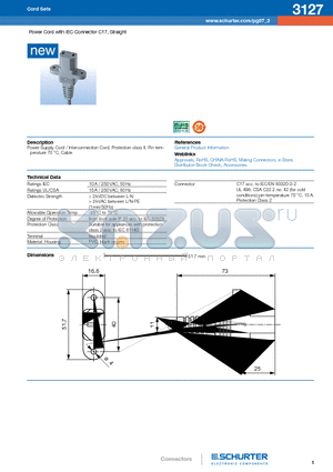 3127 datasheet - Power Cord with IEC Connector C17, Straight