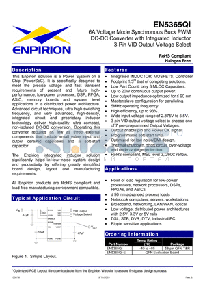 EN5365QI datasheet - 6A Voltage Mode Synchronous Buck PWM DC-DC Converter with Integrated Inductor 3-Pin VID Output Voltage Select