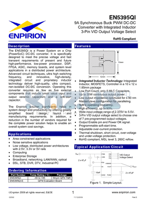 EN5395QI datasheet - 9A Synchronous Buck PWM DC-DC Converter with Integrated Inductor 3-Pin VID Output Voltage Select