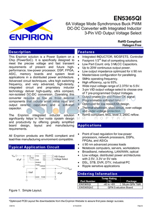 EN5365QI-E datasheet - 6A Voltage Mode Synchronous Buck PWM DC-DC Converter with Integrated Inductor 3-Pin VID Output Voltage Select