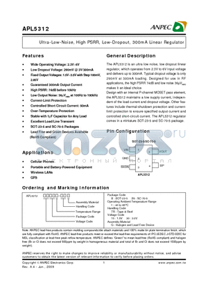 APL531215S5I-TRG datasheet - Ultra-Low-Noise, High PSRR, Low-Dropout, 300mA Linear Regulator