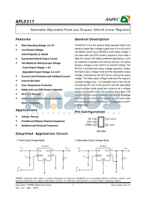 APL5317 datasheet - Selectable Adjustable/Fixed Low Dropout 300mA Linear Regulator