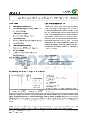 APL5316-12BI-TRL datasheet - Low Dropout 300mA Linear Regulator With Power-Ok Indicator