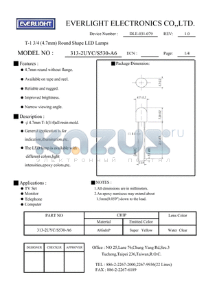 313-2UYC/S530-A6 datasheet - T-1 3/4 (4.7mm) Round Shape LED Lamps