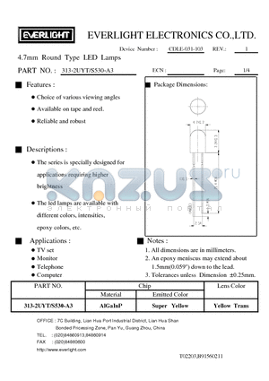 313-2UYT-S530-A3 datasheet - 4.7mm Round Type LED Lamps