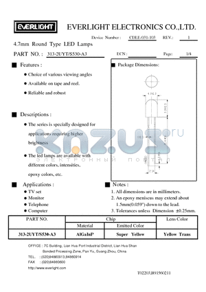 313-2UYT/S530-A3 datasheet - 4.7mm Round Type LED Lamps