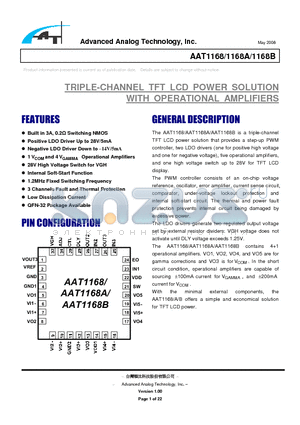 AAT1168 datasheet - TRIPLE-CHANNEL TFT LCD POWER SOLUTION WITH OPERATIONAL AMPLIFIERS