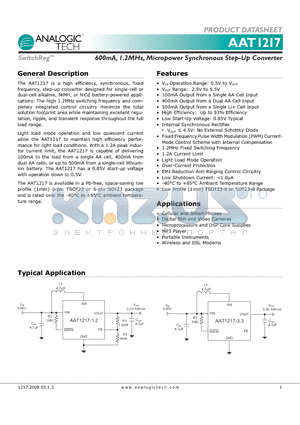 AAT1217ICA-3.3-T1 datasheet - 600mA, 1.2MHz, Micropower Synchronous Step-Up Converter