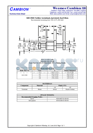 160-1041 datasheet - Solder terminal, turreted, feed thru