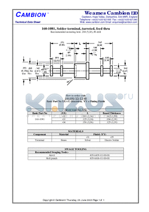 160-1081 datasheet - Solder terminal, turreted, feed thru