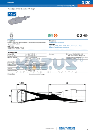 3130 datasheet - Power Cord with IEC Connector C17, Straight