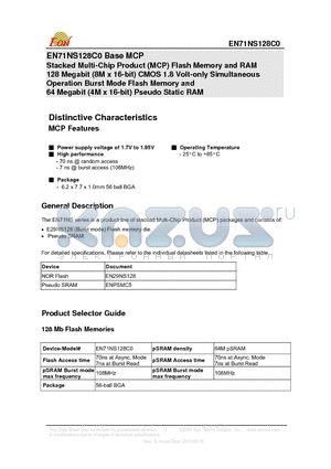 EN71NS128C0-7DCWP datasheet - Stacked Multi-Chip Product (MCP) Flash Memory and RAM 128 Megabit (8M x 16-bit) CMOS 1.8 Volt-only Simultaneous Operation Burst Mode Flash Memory and 64 Megabit (4M x 16-bit) Pseudo Static RAM